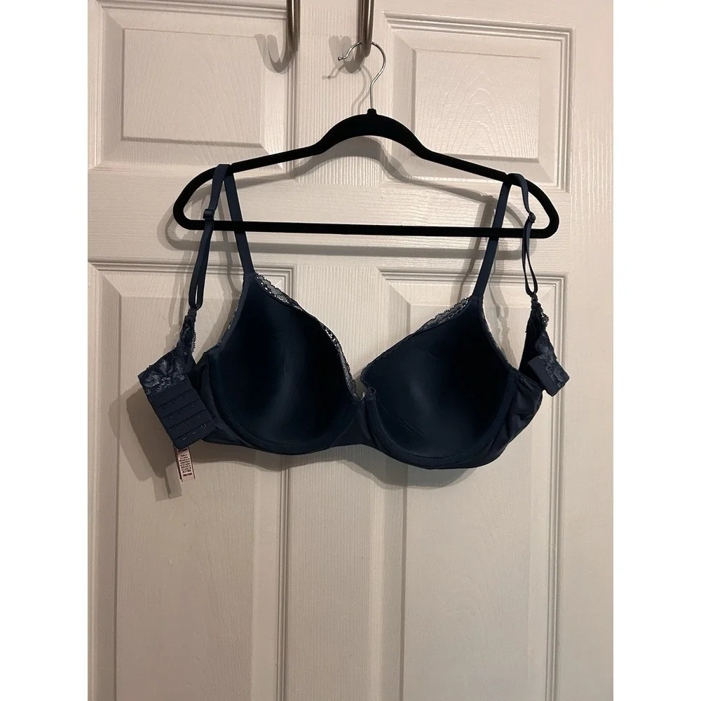 Victorias Secret 38D Bra Body by Victoria Lined Demi Padded Floral Lace Blue - Picture 12 of 14